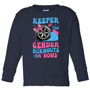 Burnouts Or Bows Funny Keeper Of Gender Baby Reveal Party Toddler Long Sleeve Shirt