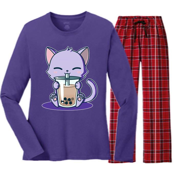 Boba Kitty Women's Long Sleeve Flannel Pajama Set 