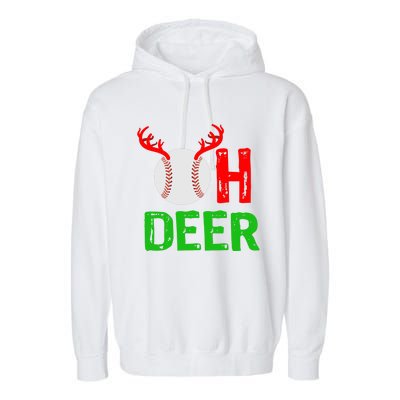 Baseball Oh Deer Gift Funny Christmas Reindeer Top Garment-Dyed Fleece Hoodie