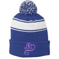 Believe October Domestic Violence Awareness Month Women Stripe Pom Pom Beanie