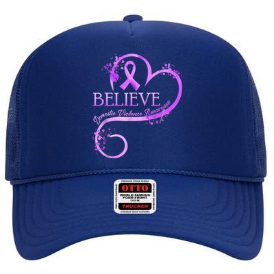 Believe October Domestic Violence Awareness Month Women High Crown Mesh Back Trucker Hat