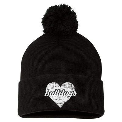Bulldogs Over Distressed Heart Lawrence County Pom Pom 12in Knit Beanie
