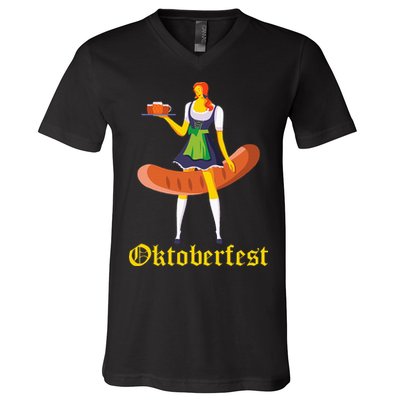 Barmaid Oktoberfest Funny German Woman Dirndl Bratwurst V-Neck T-Shirt