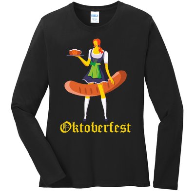 Barmaid Oktoberfest Funny German Woman Dirndl Bratwurst Ladies Long Sleeve Shirt