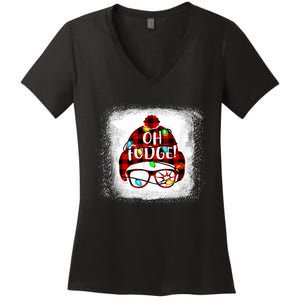 Bleached Ohfudge Funny Merry Christmas Red Plaid Women's V-Neck T-Shirt