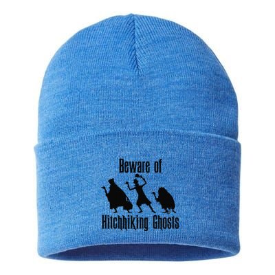 Beware Of Hitchhiking Ghosts Funny Halloween Gifts Sustainable Knit Beanie