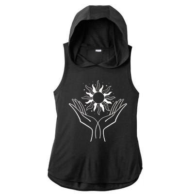 Boho Styled Hands Lifting Sun Spiritual Ladies PosiCharge Tri-Blend Wicking Draft Hoodie Tank