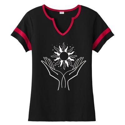 Boho Styled Hands Lifting Sun Spiritual Ladies Halftime Notch Neck Tee