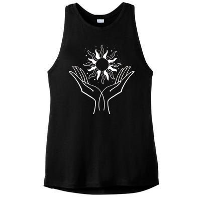 Boho Styled Hands Lifting Sun Spiritual Ladies PosiCharge Tri-Blend Wicking Tank