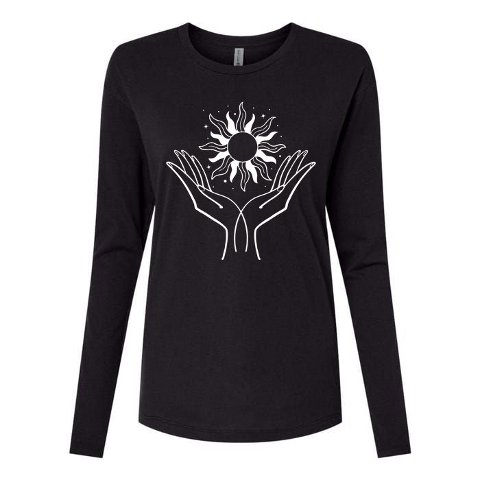 Boho Styled Hands Lifting Sun Spiritual Womens Cotton Relaxed Long Sleeve T-Shirt