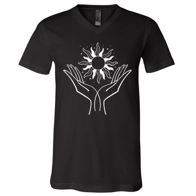 Boho Styled Hands Lifting Sun Spiritual V-Neck T-Shirt