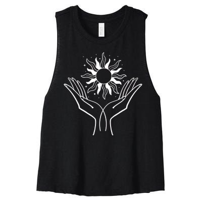 Boho Styled Hands Lifting Sun Spiritual Women's Racerback Cropped Tank