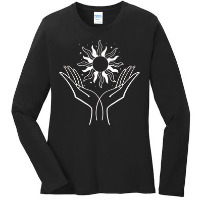 Boho Styled Hands Lifting Sun Spiritual Ladies Long Sleeve Shirt