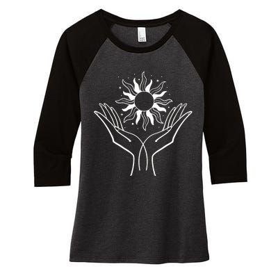 Boho Styled Hands Lifting Sun Spiritual Women's Tri-Blend 3/4-Sleeve Raglan Shirt