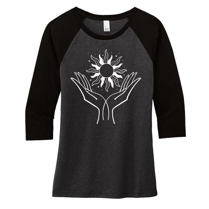 Boho Styled Hands Lifting Sun Spiritual Women's Tri-Blend 3/4-Sleeve Raglan Shirt