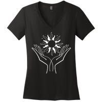 Boho Styled Hands Lifting Sun Spiritual Women's V-Neck T-Shirt