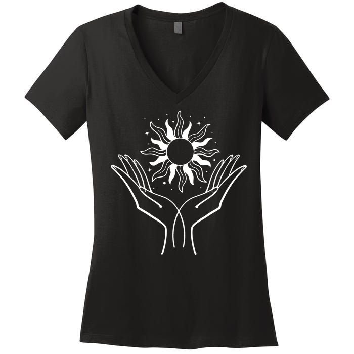 Boho Styled Hands Lifting Sun Spiritual Women's V-Neck T-Shirt