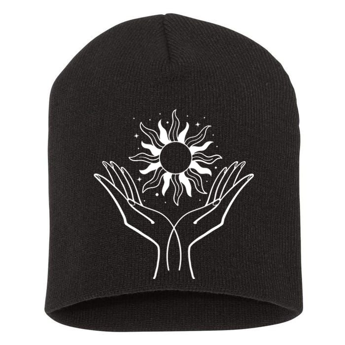 Boho Styled Hands Lifting Sun Spiritual Short Acrylic Beanie