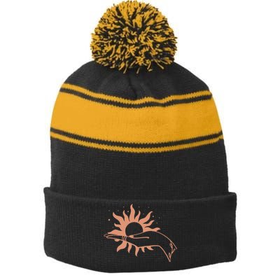 Boho Styled Open Palm Sun In Hand Stripe Pom Pom Beanie