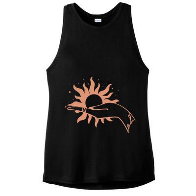 Boho Styled Open Palm Sun In Hand Ladies PosiCharge Tri-Blend Wicking Tank