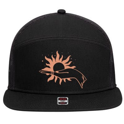 Boho Styled Open Palm Sun In Hand 7 Panel Mesh Trucker Snapback Hat