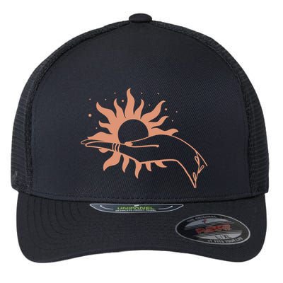 Boho Styled Open Palm Sun In Hand Flexfit Unipanel Trucker Cap