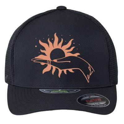 Boho Styled Open Palm Sun In Hand Flexfit Unipanel Trucker Cap