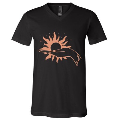 Boho Styled Open Palm Sun In Hand V-Neck T-Shirt