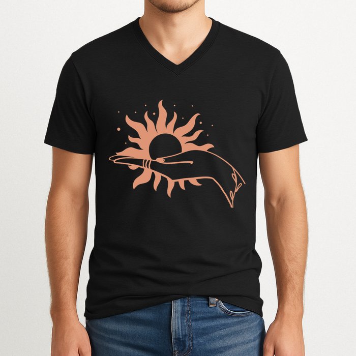 Boho Styled Open Palm Sun In Hand V-Neck T-Shirt