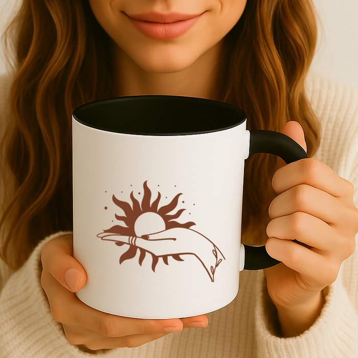 Boho Styled Open Palm Sun In Hand Mug