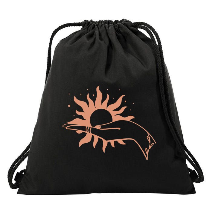 Boho Styled Open Palm Sun In Hand Drawstring Bag