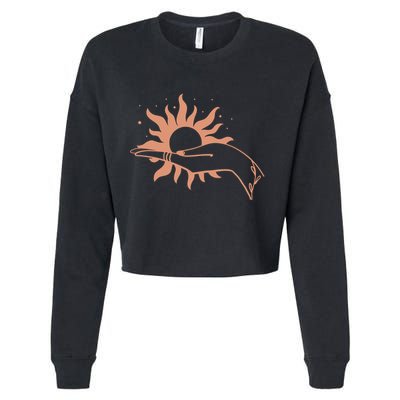 Boho Styled Open Palm Sun In Hand Cropped Pullover Crew