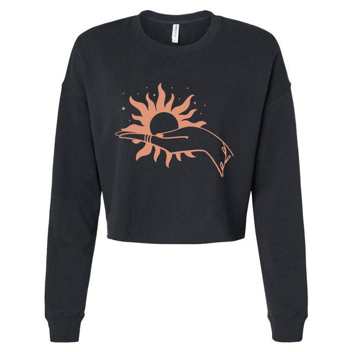 Boho Styled Open Palm Sun In Hand Cropped Pullover Crew
