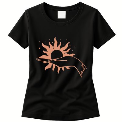 Boho Styled Open Palm Sun In Hand Womens T-Shirt