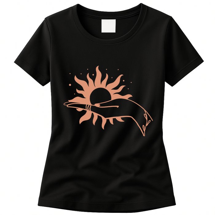 Boho Styled Open Palm Sun In Hand Womens T-Shirt