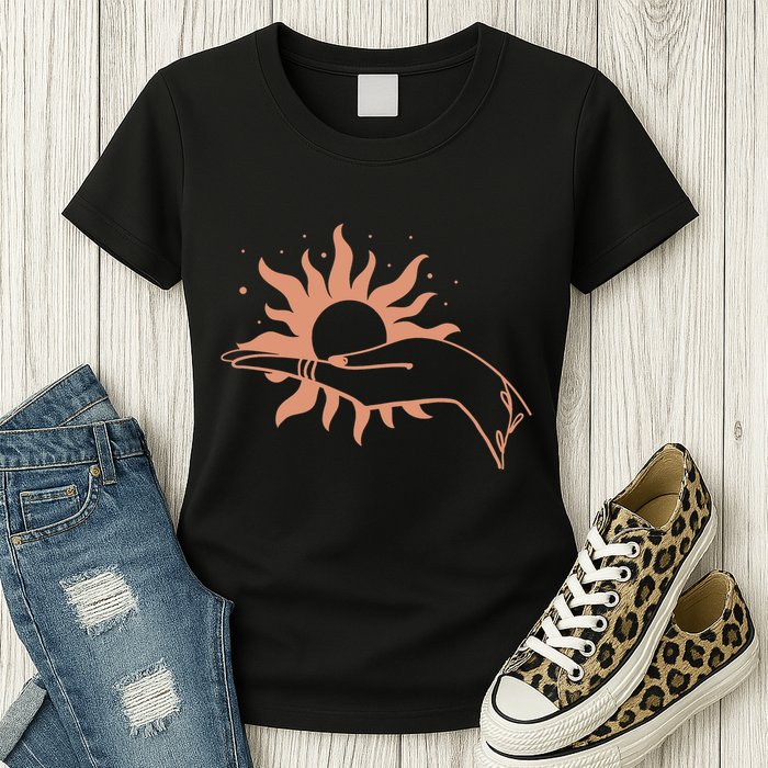 Boho Styled Open Palm Sun In Hand Womens T-Shirt
