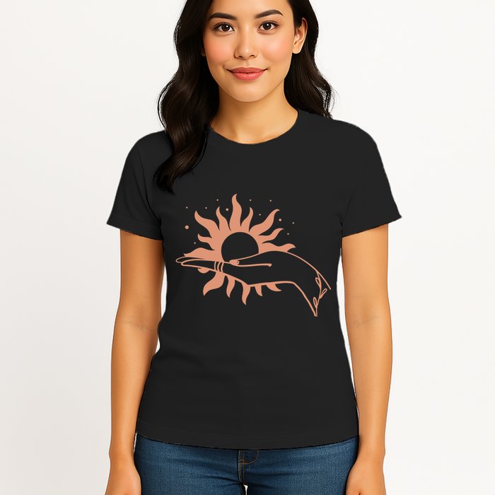 Boho Styled Open Palm Sun In Hand Womens T-Shirt