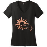 Boho Styled Open Palm Sun In Hand Women's V-Neck T-Shirt