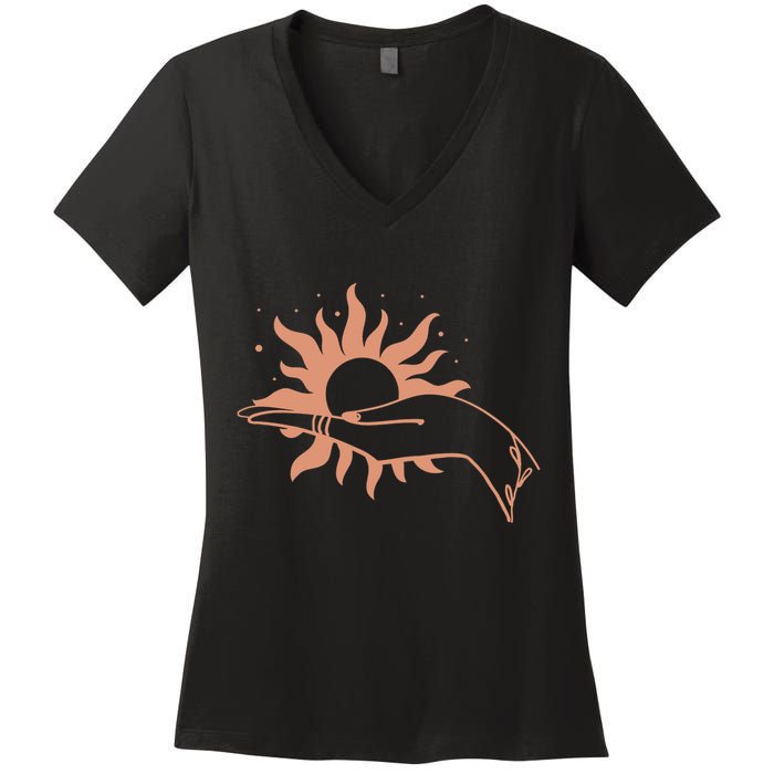 Boho Styled Open Palm Sun In Hand Women's V-Neck T-Shirt