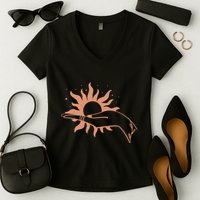 Boho Styled Open Palm Sun In Hand Women's V-Neck T-Shirt