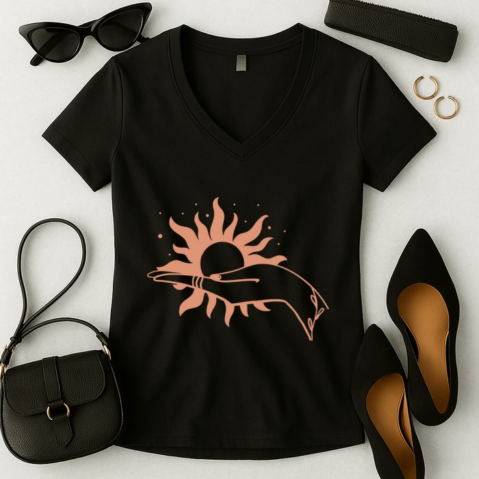 Boho Styled Open Palm Sun In Hand Women's V-Neck T-Shirt