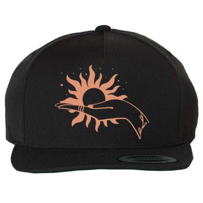 Boho Styled Open Palm Sun In Hand Wool Snapback Cap