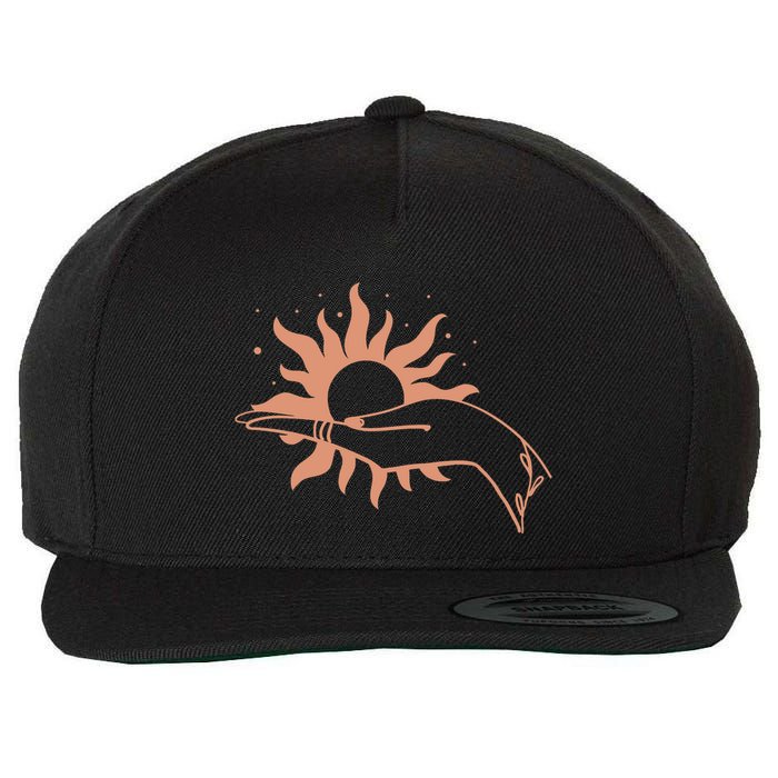 Boho Styled Open Palm Sun In Hand Wool Snapback Cap