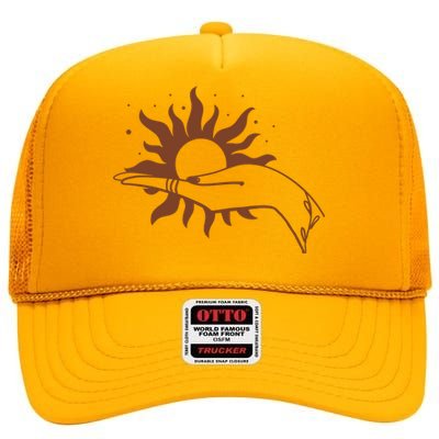 Boho Styled Open Palm Sun In Hand High Crown Mesh Back Trucker Hat