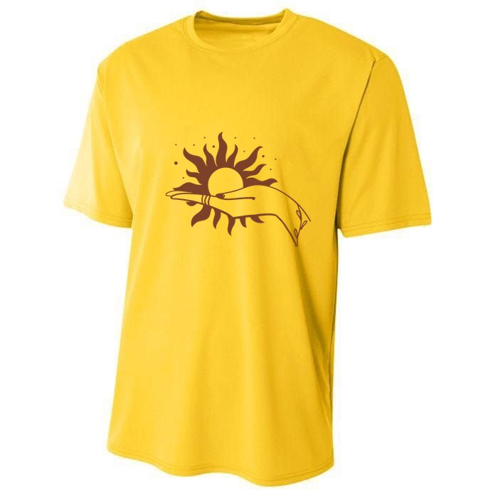 Boho Styled Open Palm Sun In Hand Youth Performance Sprint T-Shirt