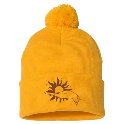 Boho Styled Open Palm Sun In Hand Pom Pom 12in Knit Beanie