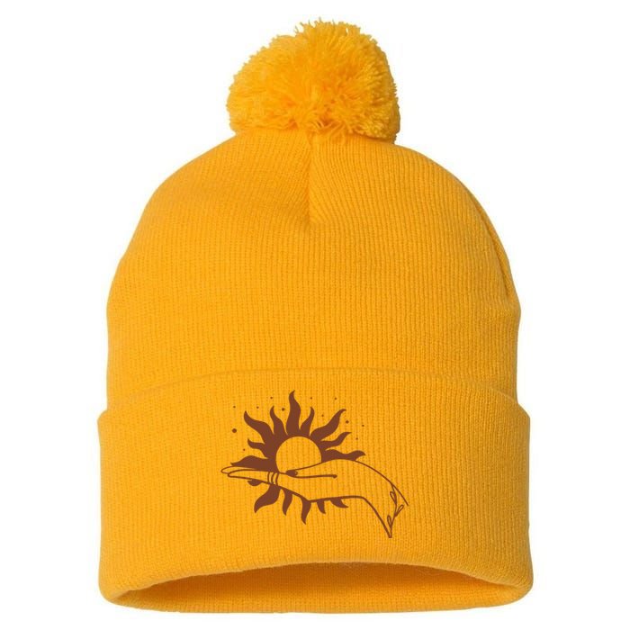 Boho Styled Open Palm Sun In Hand Pom Pom 12in Knit Beanie