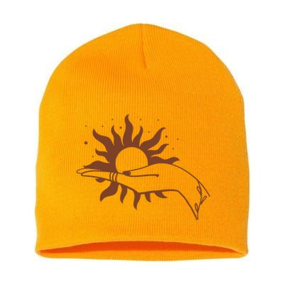 Boho Styled Open Palm Sun In Hand Short Acrylic Beanie