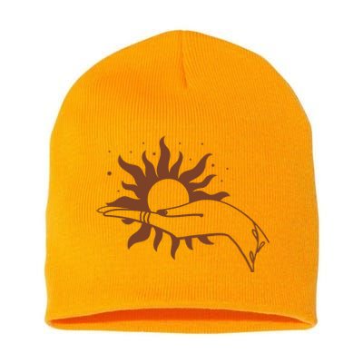 Boho Styled Open Palm Sun In Hand Short Acrylic Beanie