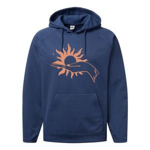 Boho Styled Open Palm Sun In Hand Performance Fleece Hoodie